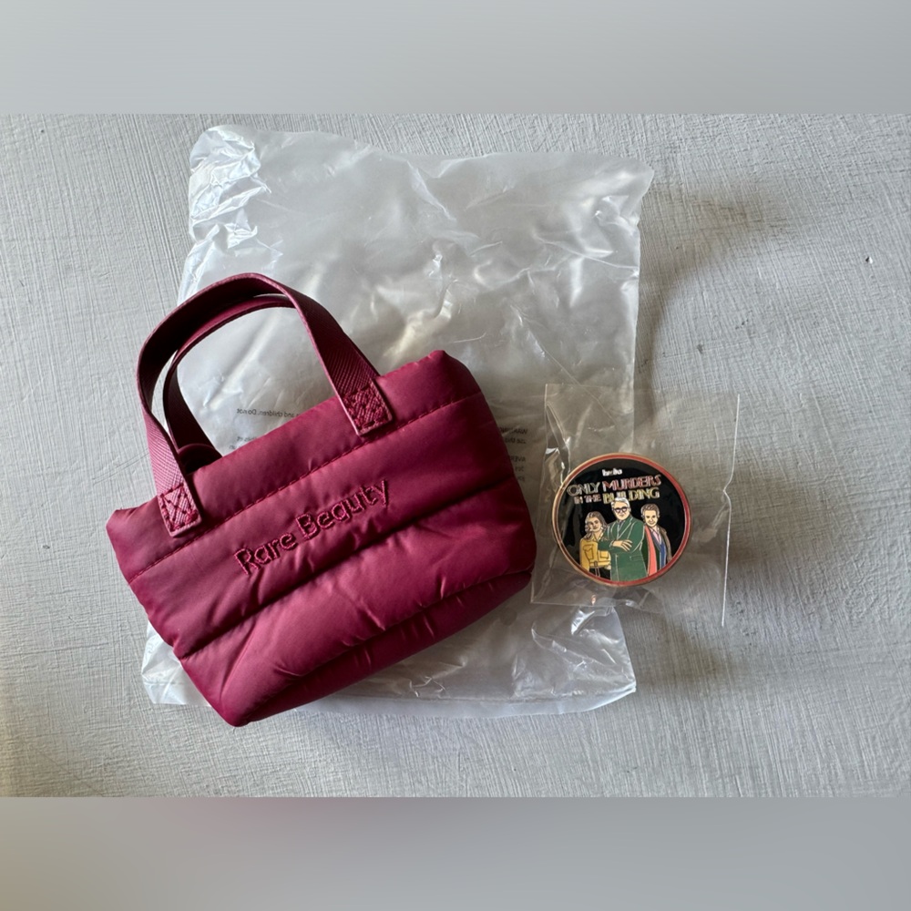 NWT Rare Beauty Mini Puffy Tote Keychain - Merlot and OMITB Disney Pin